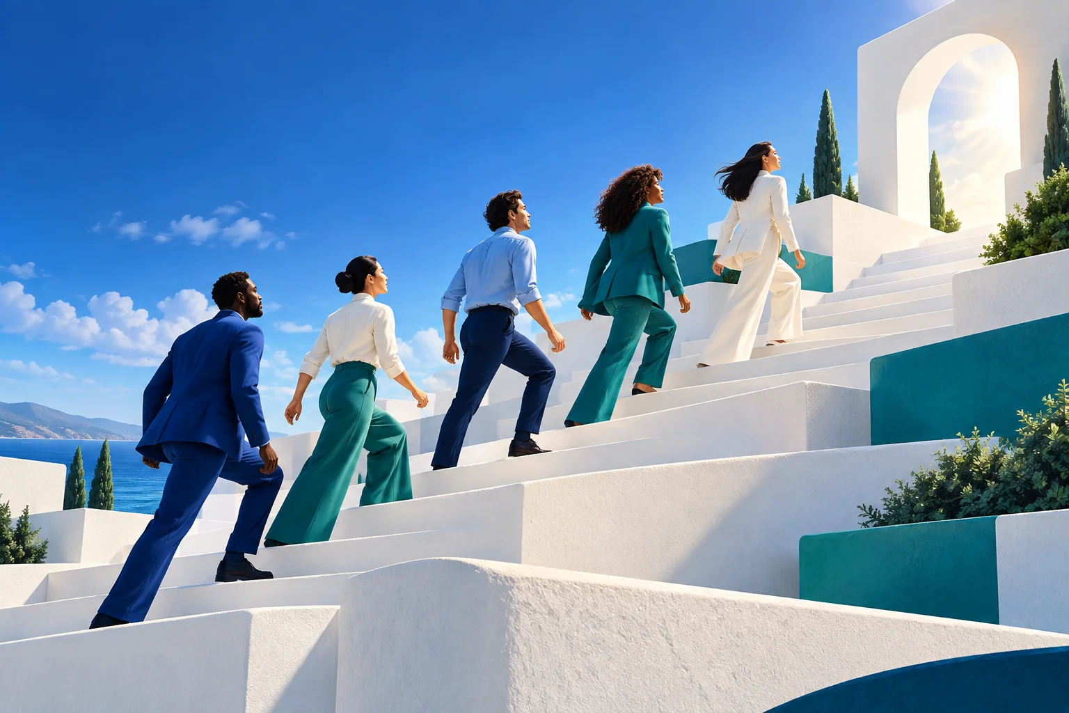 Conceptual illustration of professionals progressing together through architectural terraces.